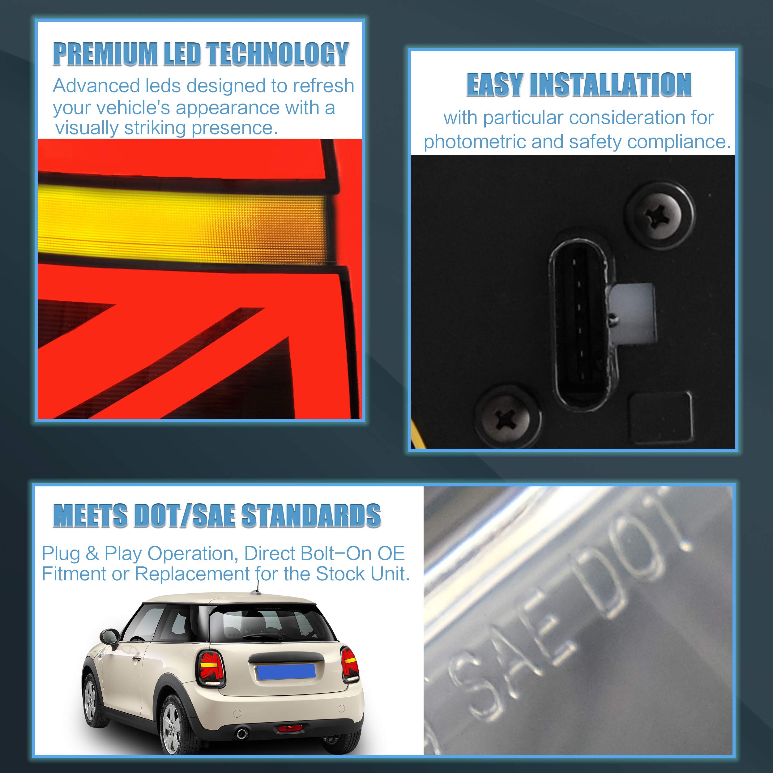 VLAND LED Tail Light Compatible with BMW Mini Cooper F55 F56 F57 2014-2021, Rear Lights with Sequential Turn Signal, Electroplated housing, Red