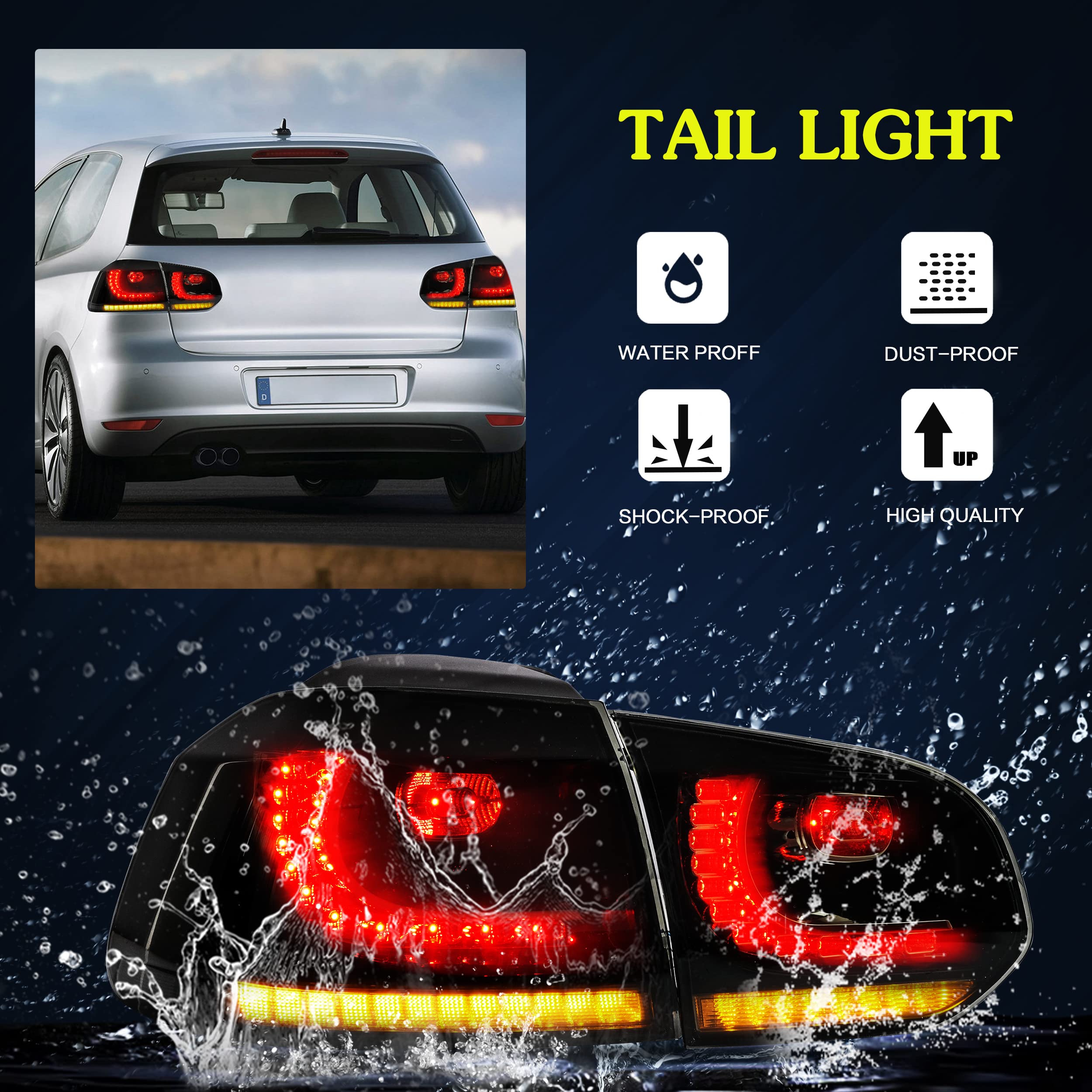 VLAND LED Tail Lights Fit for 2008-2013 Volkswagen Golf 6 MK6 TSI TDI GTD R(not for GTI/Variant/Cabriolet), Rear Lights with Sequential Turn Signal Indicators, E-mark, Red Smoked