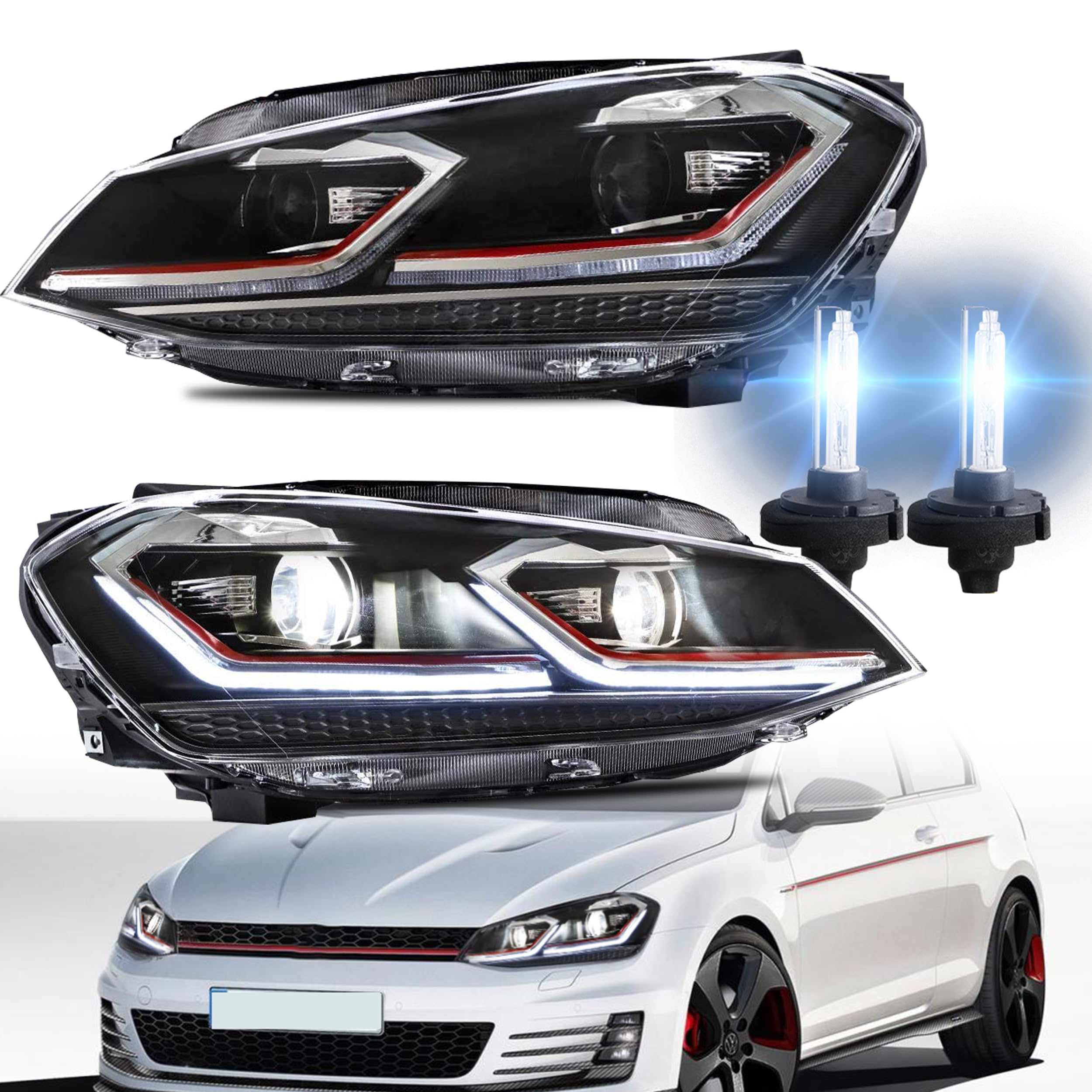 VLAND Headlights Compatible with Golf 7 MK7 TDI TSI 2013-2017, Front Lights with Sequential Indicator, Red Line Headlamps