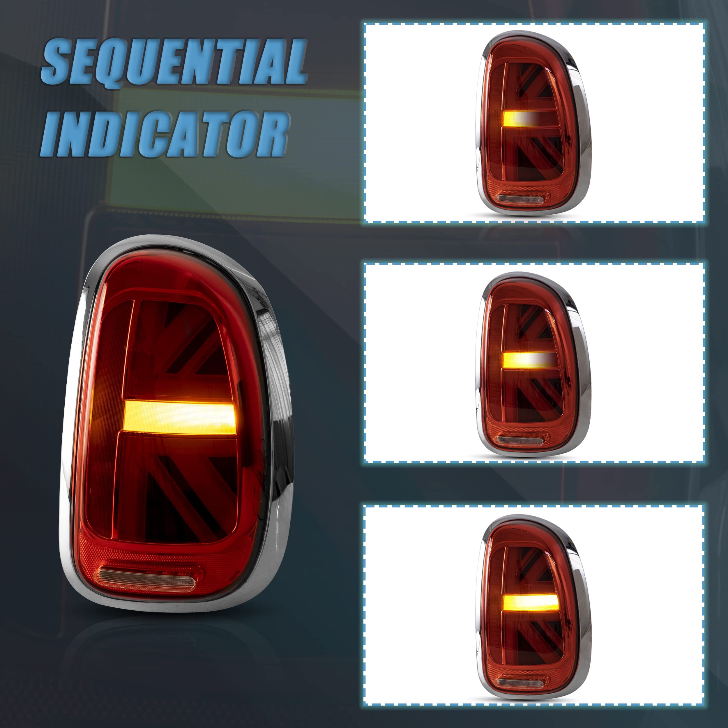 VLAND LED Tail Light Compatible with BMW Mini Cooper F55 F56 F57 2014-2021, Rear Lights with Sequential Turn Signal, Electroplated housing, Red