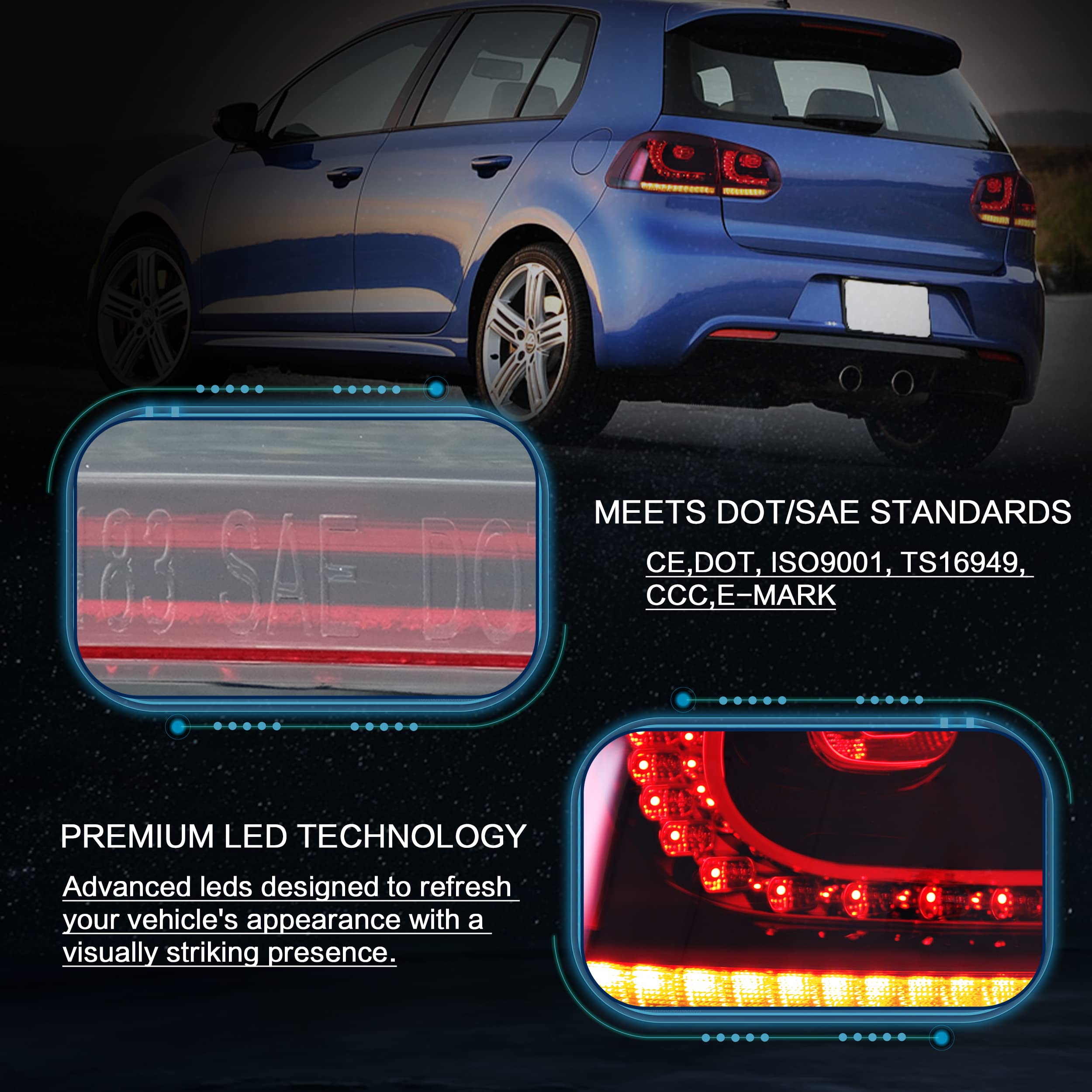 VLAND LED Tail Lights Fit for 2008-2013 Volkswagen Golf 6 MK6 TSI TDI GTD R(not for GTI/Variant/Cabriolet), Rear Lights with Sequential Turn Signal Indicators, E-mark, Red Smoked