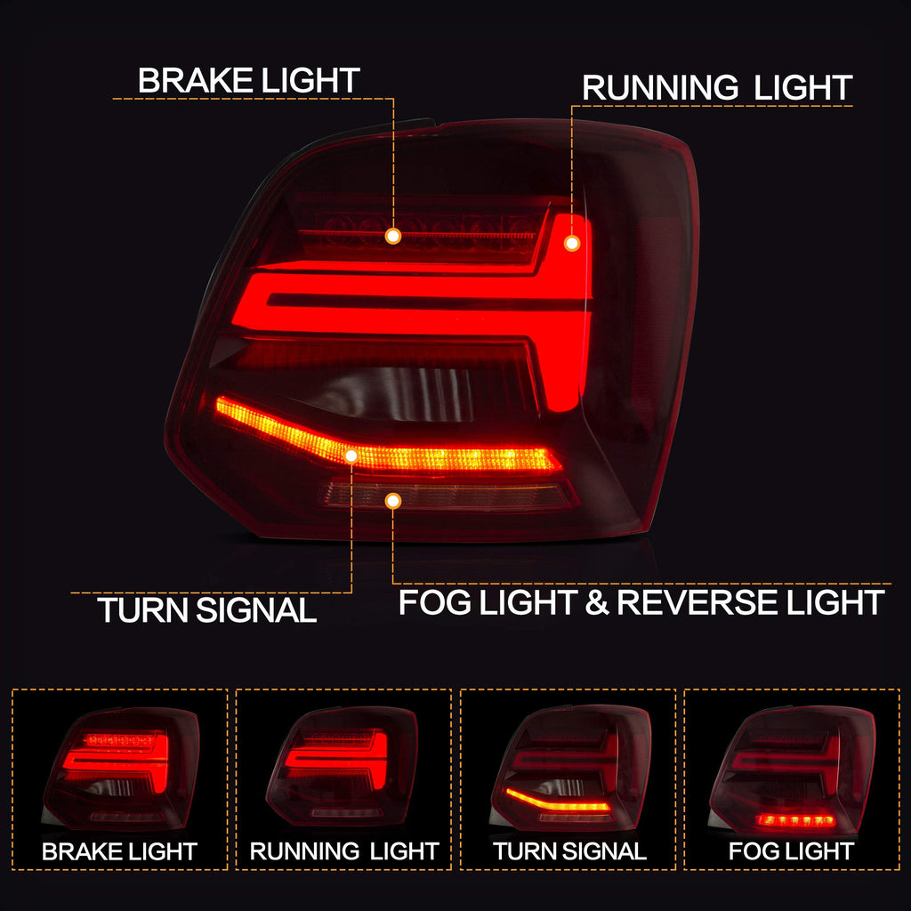 VLAND LED Tail Light Compatible with Polo 5 6R 6C TSI 2009-2017(Not for 1.2 TSI/saloon/GTI), Rear Lights with Streamer Indicator, E-mark, RHD, Smoked