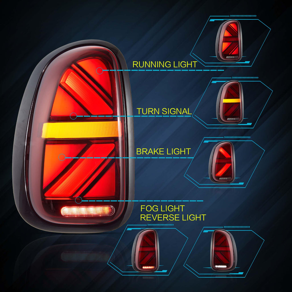 VLAND LED Tail Light Compatible with BMW Mini Cooper F55 F56 F57 2014-2021, Rear Lights with Sequential Turn Signal, Electroplated housing, Red