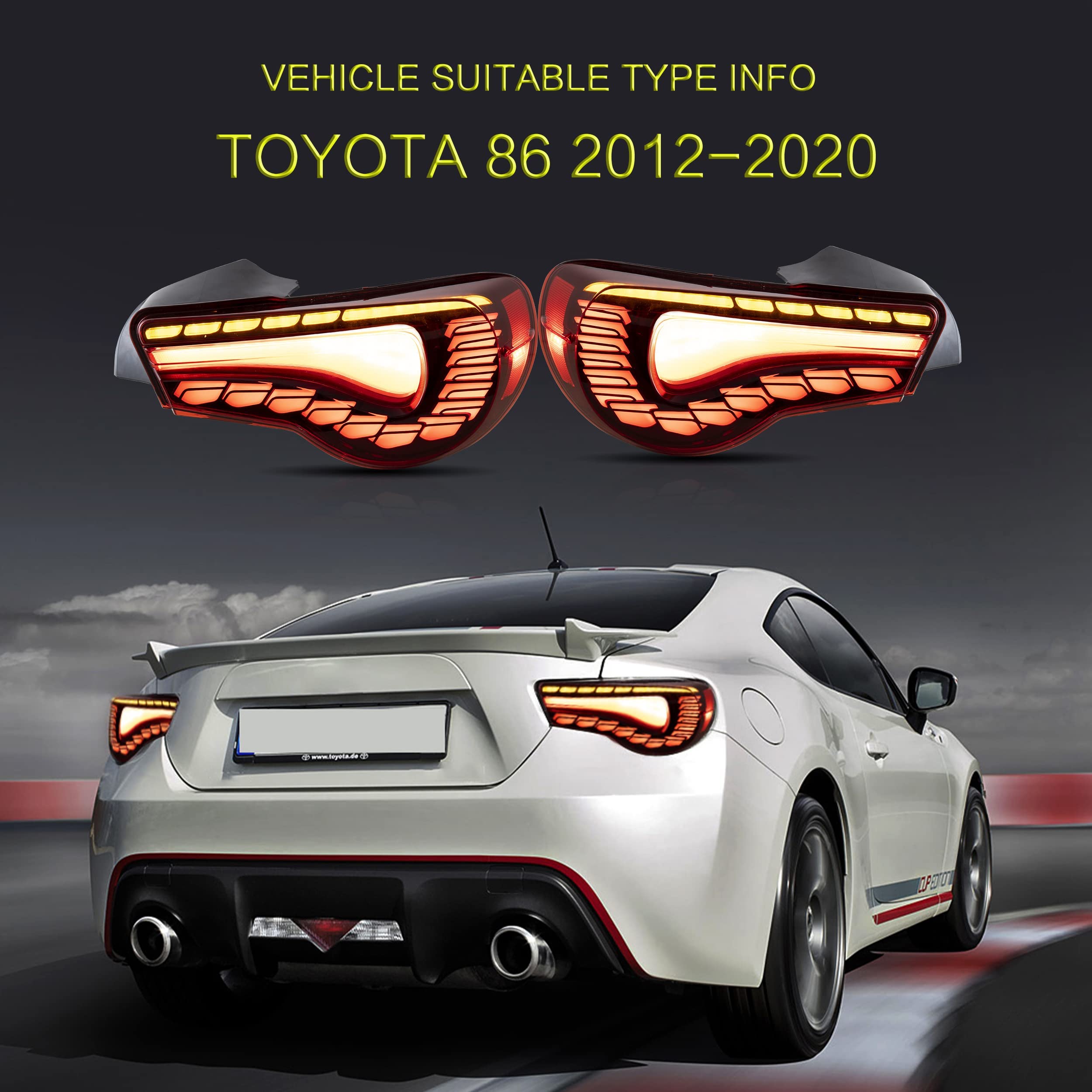 VLAND LED Tail Lights Compatible with Toyota 86 GT86 2012-2020/Subaru BRZ 2013-2020/Scion FR-S 2013-2020, Full LED Rear Light with Sequential Indicator, Red White Lens