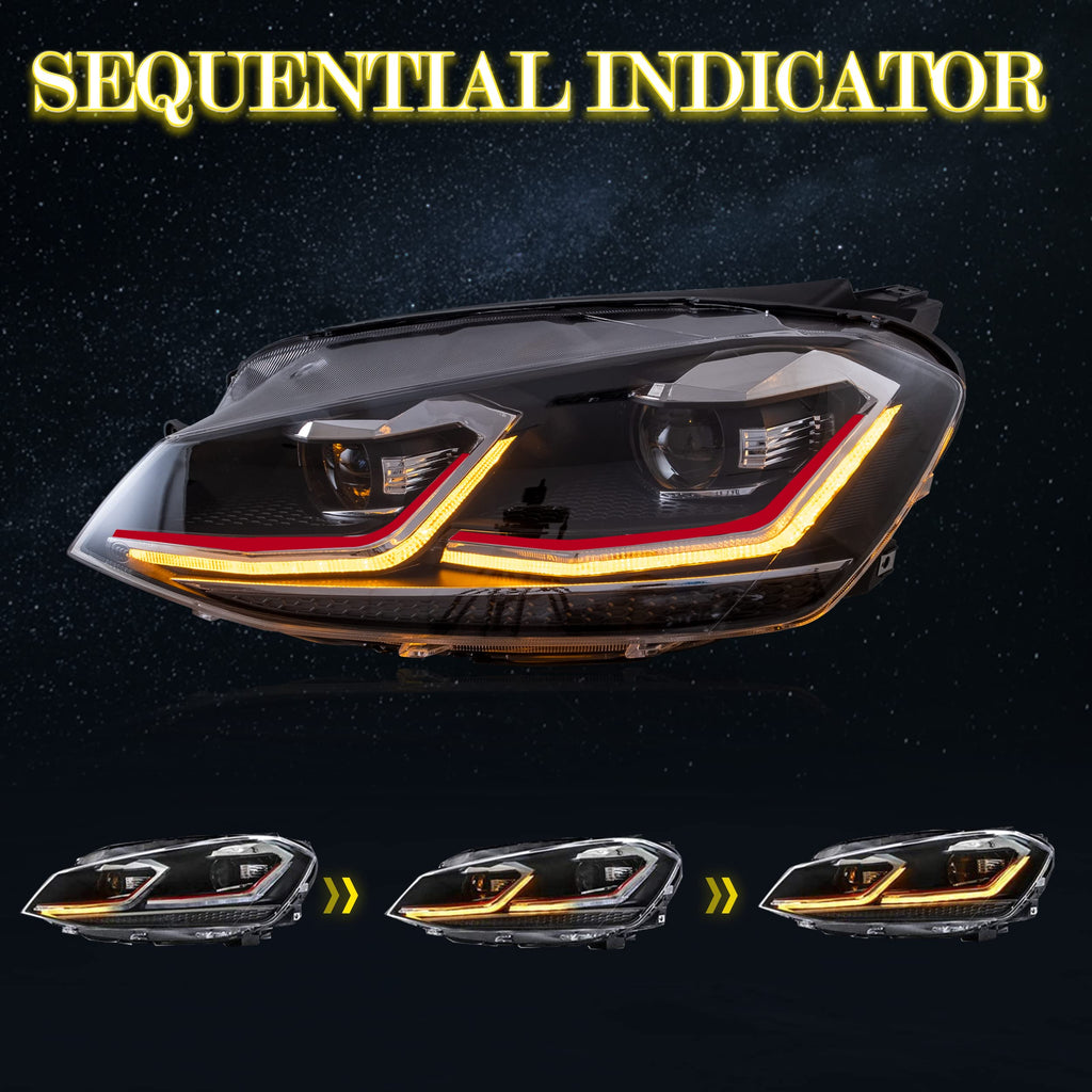 VLAND Headlights Compatible with Golf 7 MK7 TDI TSI 2013-2017, Front Lights with Sequential Indicator, Red Line Headlamps
