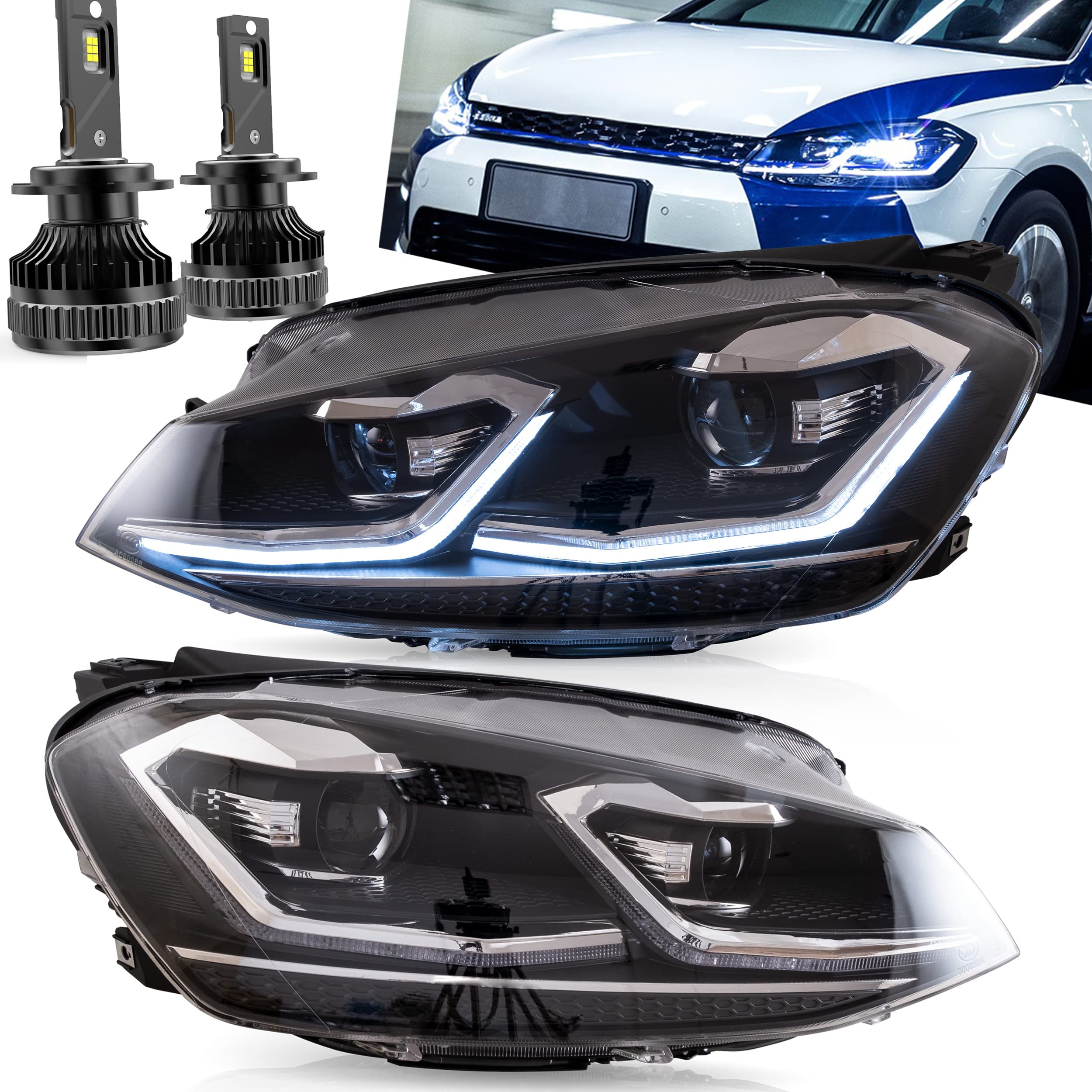 VLAND Headlights Compatible with Golf 7 MK7 TDI TSI 2013-2017, Front Lights with Sequential Indicator, Red Line Headlamps