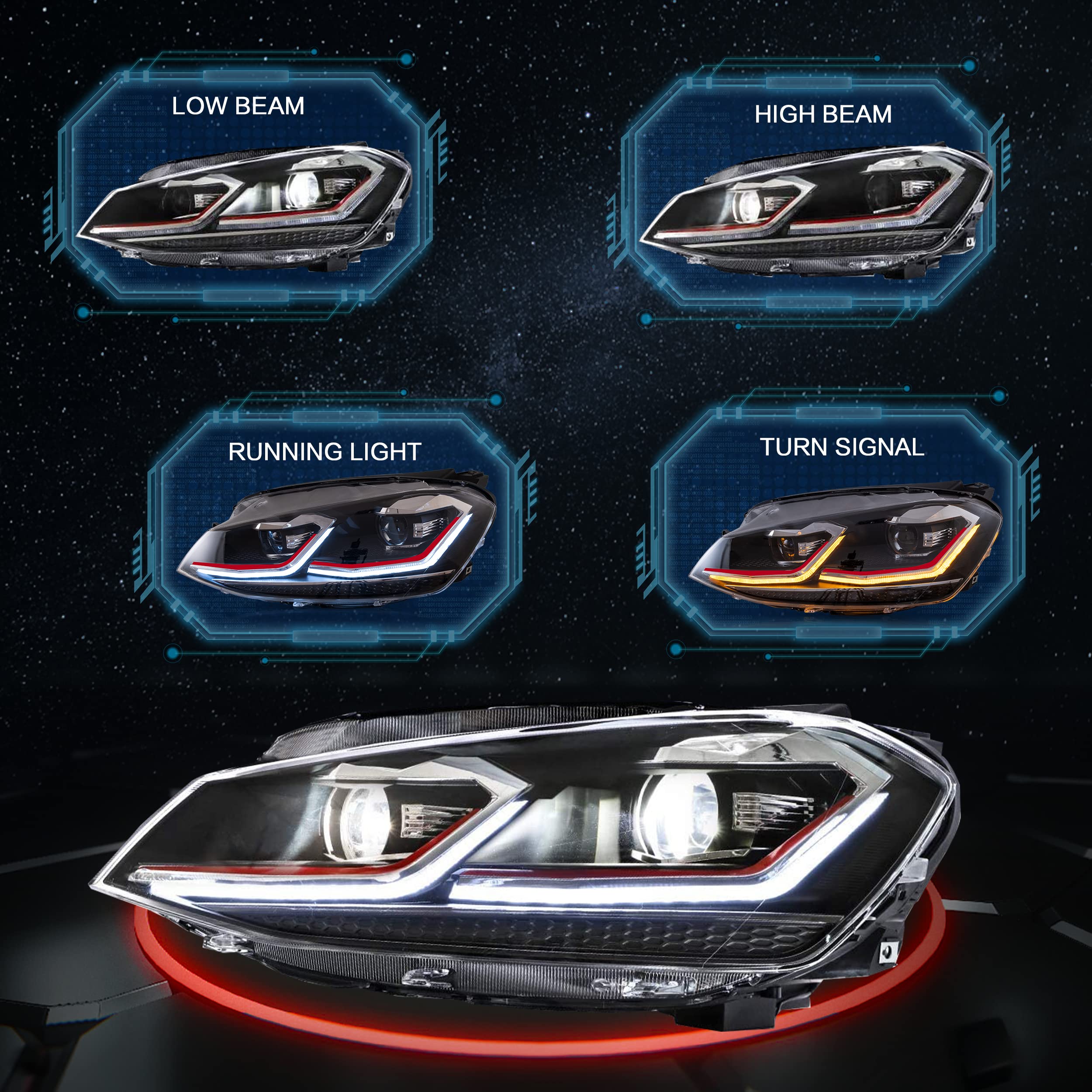 VLAND Headlights Compatible with Golf 7 MK7 TDI TSI 2013-2017, Front Lights with Sequential Indicator, Red Line Headlamps