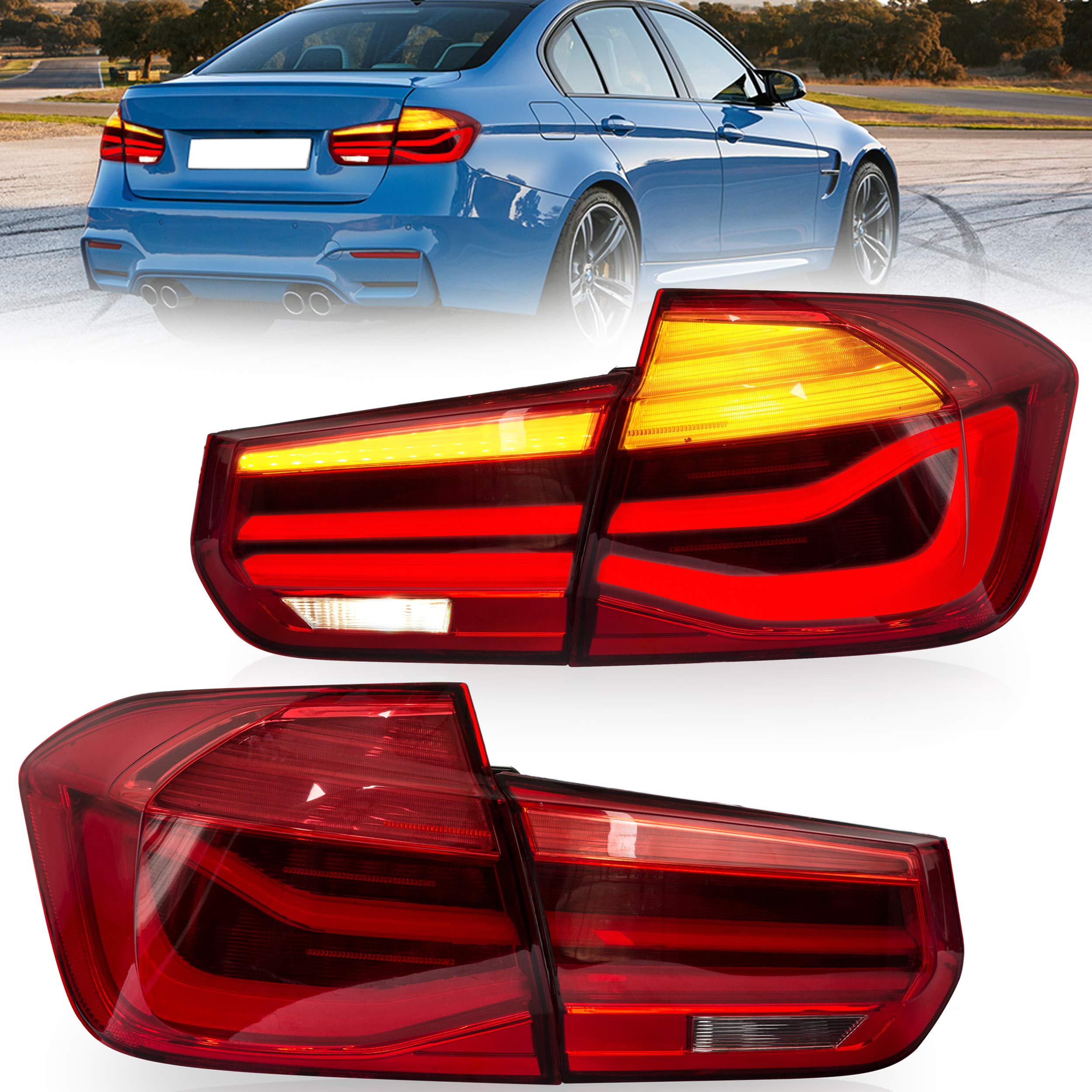 VLAND OLED Rear Lights Compatible with 2013-2018 BMW 3 Series F30 F35 F80 320i 328i 335i Sedan (Not for F31 F34), Tail Lights with Sequential Indicators, E-mark, Red