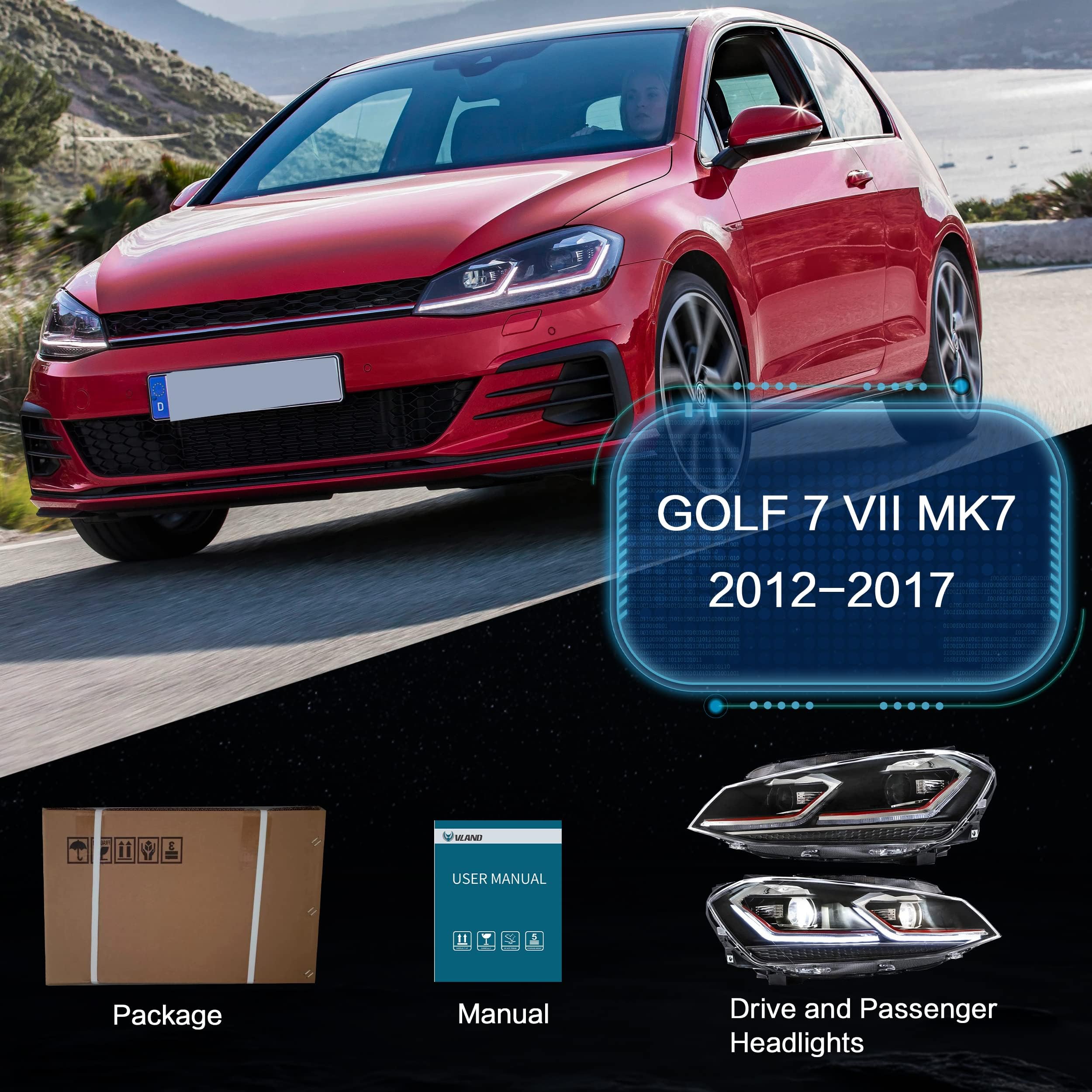 VLAND Headlights Compatible with Golf 7 MK7 TDI TSI 2013-2017, Front Lights with Sequential Indicator, Red Line Headlamps