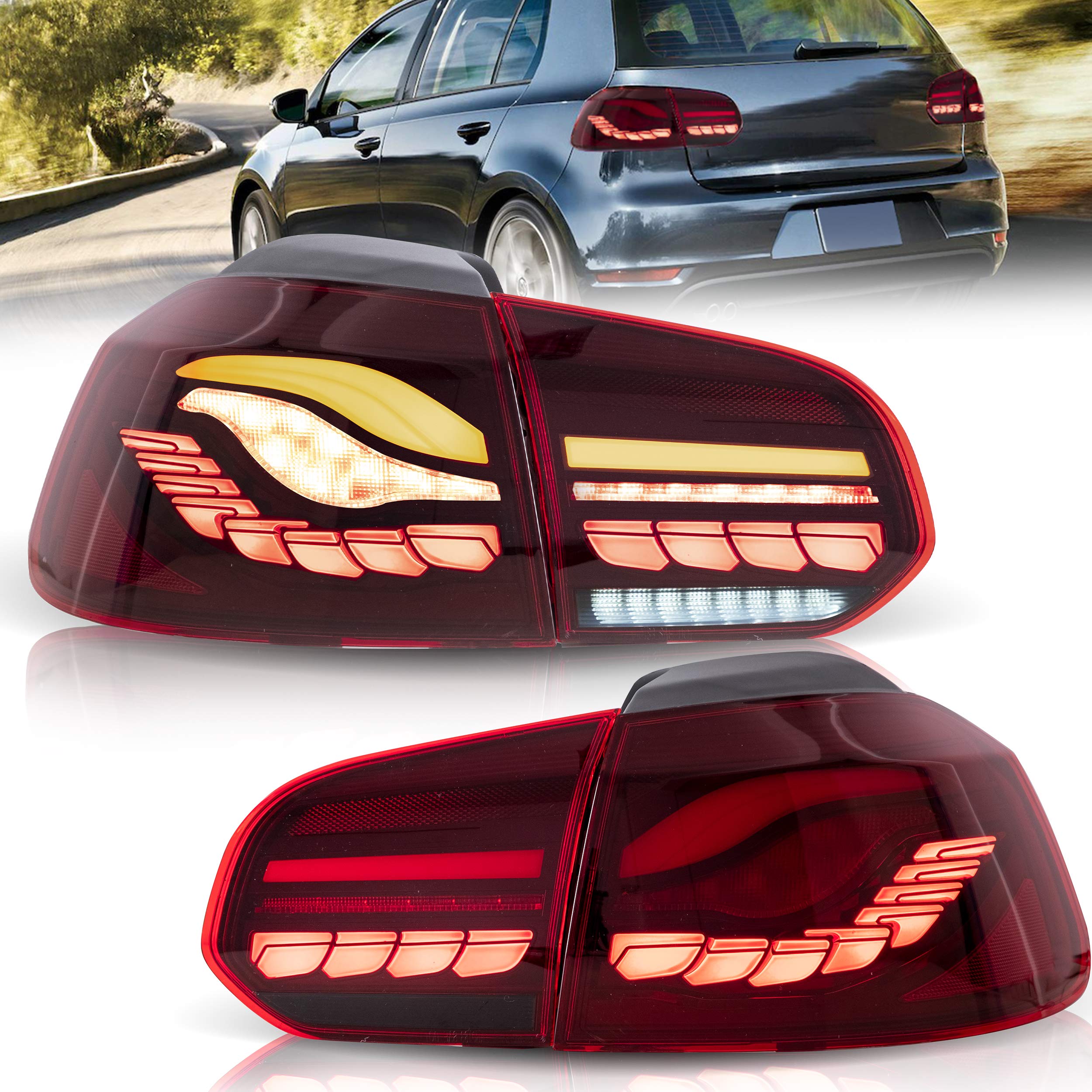 VLAND LED Tail Lights Fit for 2008-2013 Volkswagen Golf 6 MK6 TSI TDI GTD R(not for GTI/Variant/Cabriolet), Rear Lights with Sequential Turn Signal Indicators, E-mark, Red Smoked