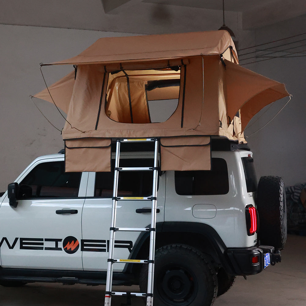 WEIER WERT-003 Aluminium Alloy Soft Shell Side Open Rooftop Tent 1-2 Person - For Car / RV / Pickup / Van / Camper / 4x4 + Ladder + 7cm Mattress + Light + Shoe Bag