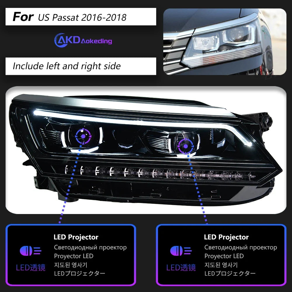 For VW PASSAT US B8 Version Headlights 2016-2020 DRL 12V H7 LED Bi Xenon Bulbs Fog Lights AKD Car Decoration Accessory Head Lamp