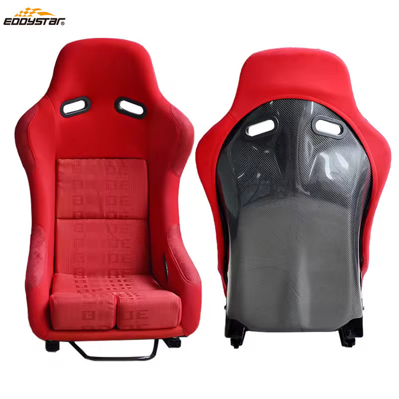 EDY SINGLE (x1) Universal Car Sports Bucket Seat Red & Black Carbon Hard Back Bucket Seats Dual Slider Easy Installation For Racing Car / Sim / 4x4 / Van / Camper