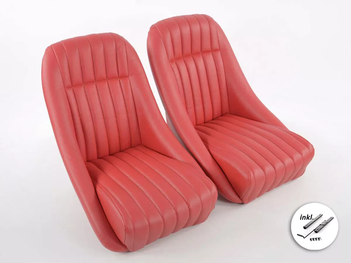 FK Pair Classic Retro Kit Car Bucket Sports Seats - Red Piping + slide run
