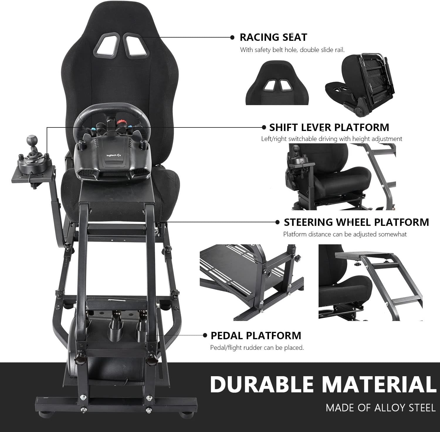 LUXE Driving Sim Racing Wheel Frame + Bucket Seat For Wheel & Pedals + Shifter