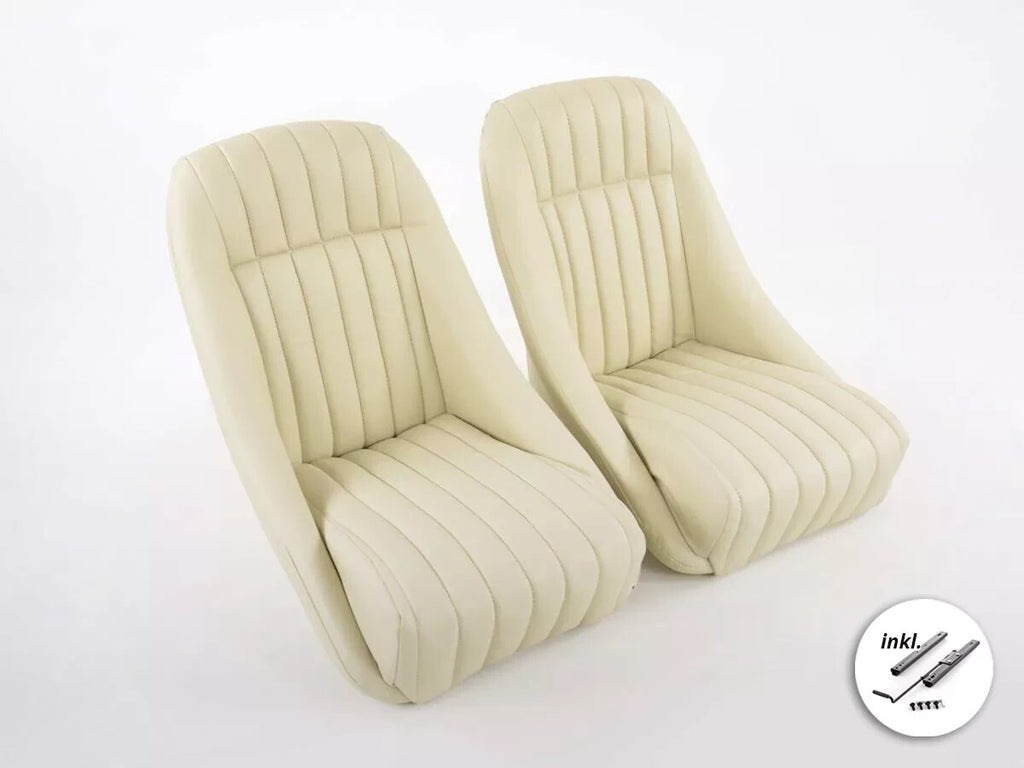 FK Pair Classic Retro Kit Car Bucket Sports Seats - Beige Ivory Cream + slides